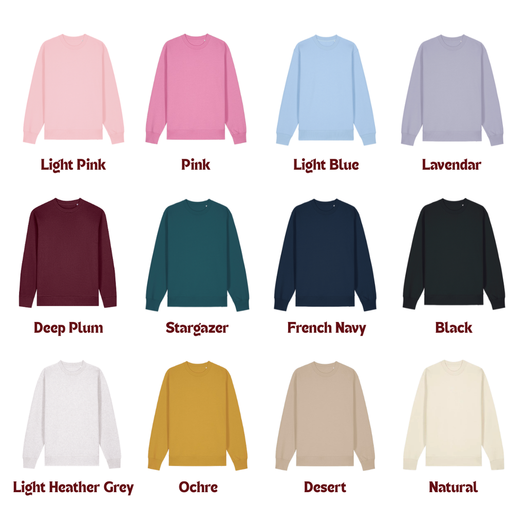 Collection of long-sleeve shirts in various colors with labels underneath.