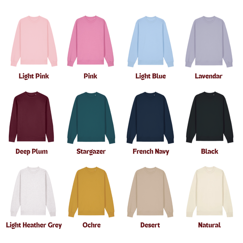 Collection of long-sleeve shirts in various colors with labels underneath.